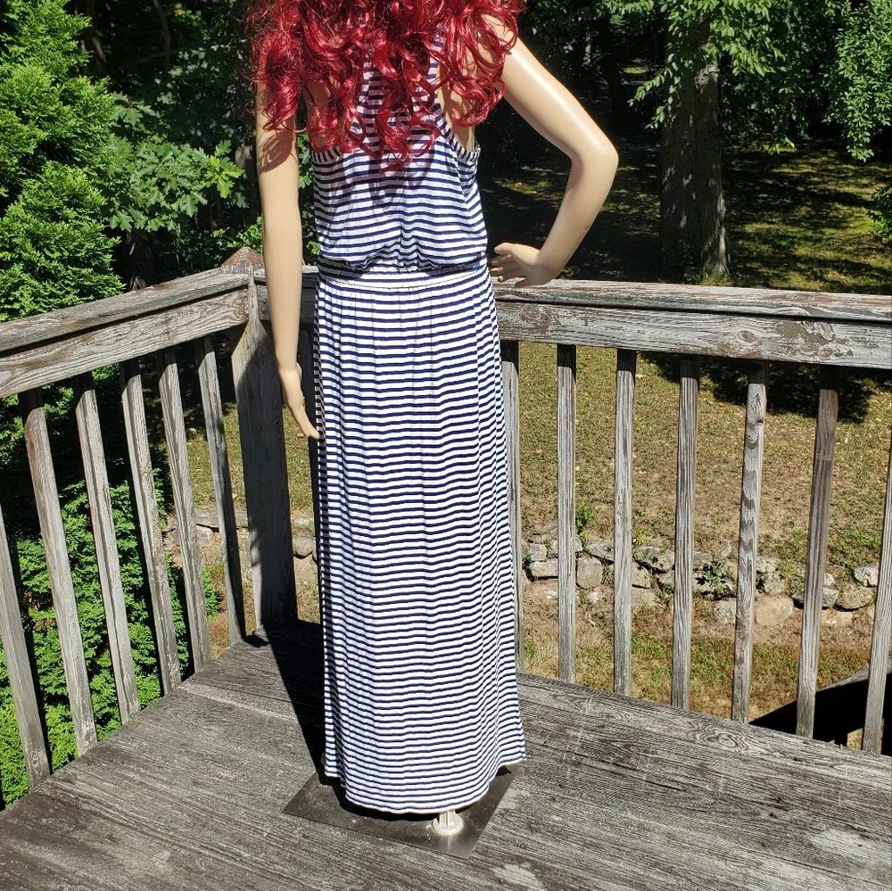 J. Crew Blue & White Stripe Racer T-back Scoop Round Neck Maxi Dress Size M - Picture 2 of 11